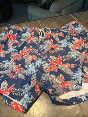 Tommy Bahama Navy Floral Swim Trunks with Red & Light Blue Leaves